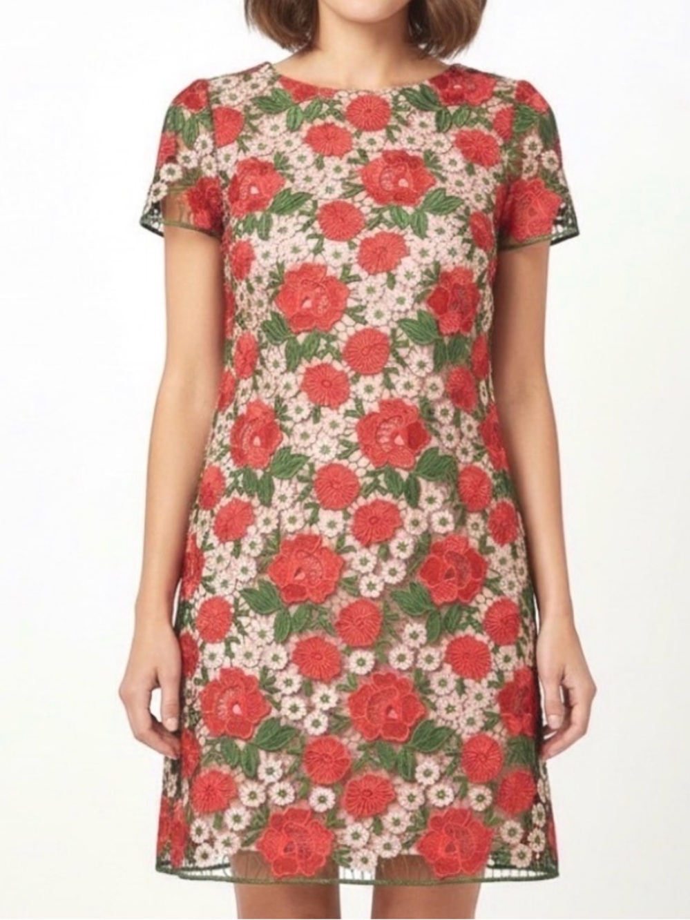 TAHARI Pink/Green/Multi Floral CROCHET LACE OVERLAY Lined SHIFT DRESS Sz 8 fairy